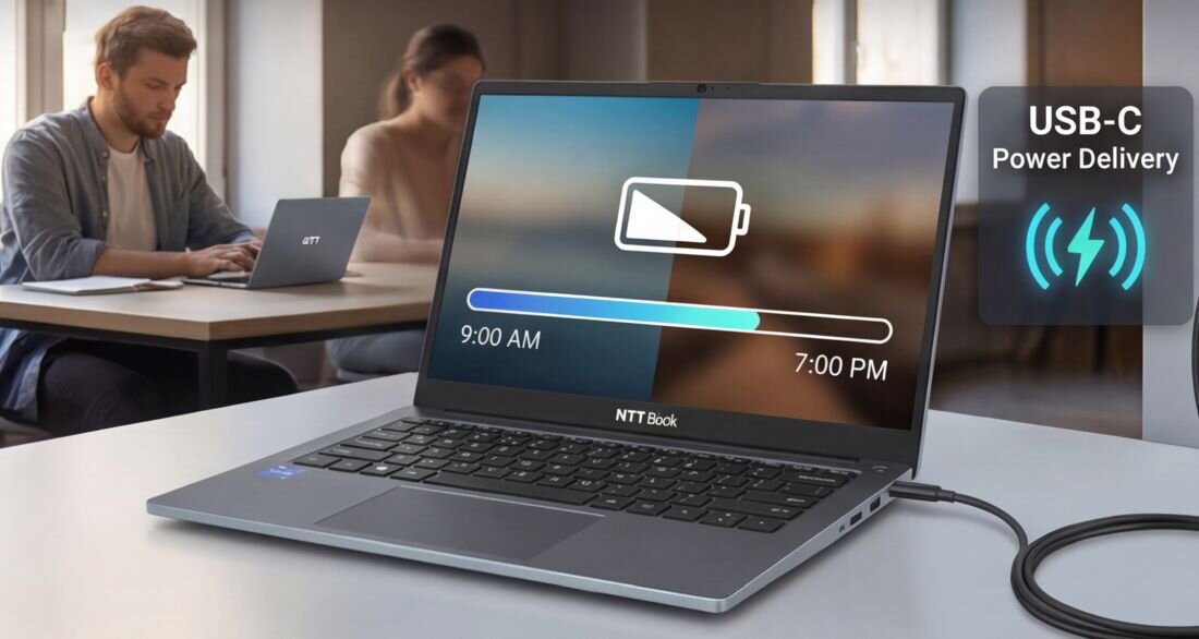 Laptop NTT Book z ładowaniem USB-C Power Delivery prezentuje wskaźnik baterii podczas pracy mobilnej w przestrzeni biurowej  