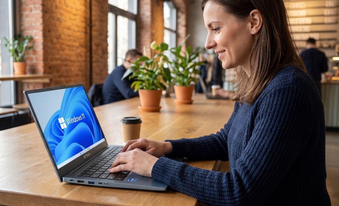 Osoba korzysta z laptopa NTT Book z Wi‑Fi w przestrzeni co-workingowej podczas pracy zdalnej i obsługi systemu Windows 11  
