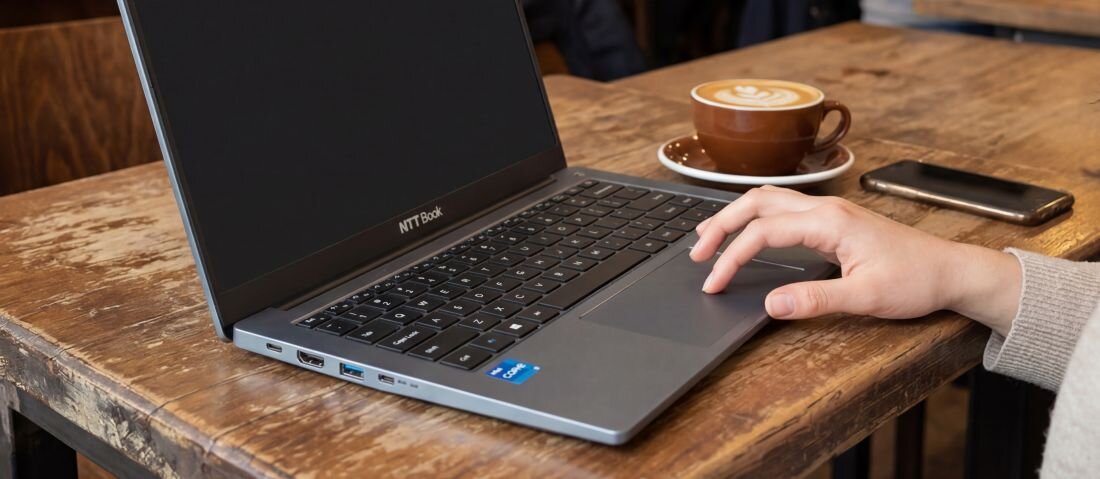 Osoba obsługuje touchpad laptopa NTT Book przy stoliku w kawiarni podczas pracy mobilnej i codziennych zadań biurowych  