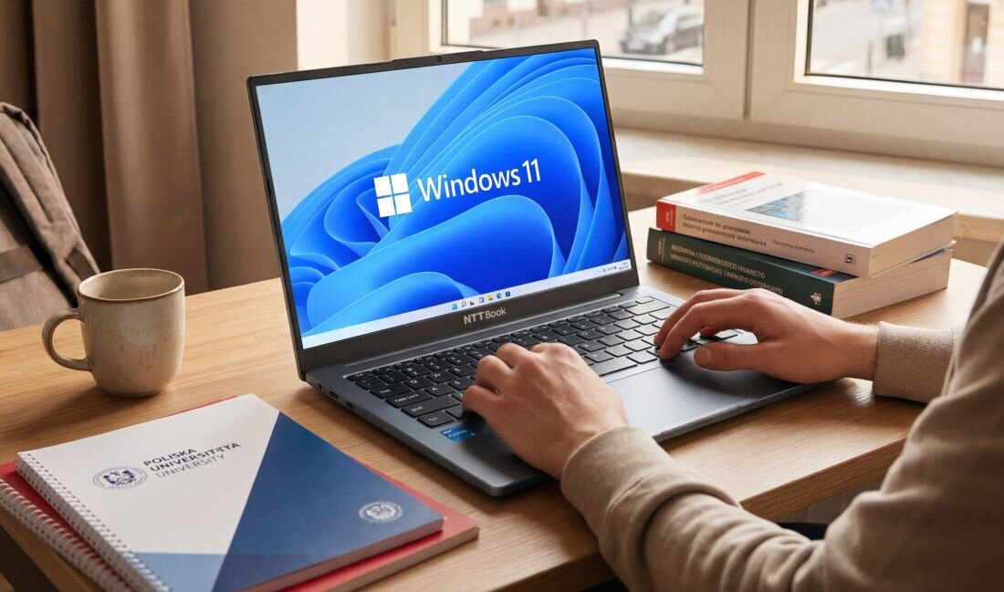 Osoba pracuje na laptopie NTT Book z kamerą internetową podczas nauki zdalnej przy biurku obok notatek i książek  