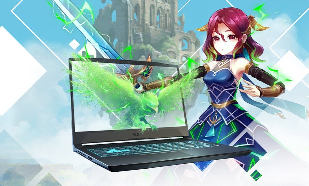 Laptop MSI Bravo 17 D7VEK - Animowana dziewczyna trzyma laptopa oraz miecz, symbolizując związek między technologią a fantastyką.