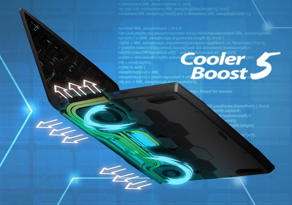 Laptop MSI Bravo 17 D7VEK - Cooler Boost 5 - laptop na niebieskim tle, ukazujący elegancki wygląd i zaawansowane funkcje.