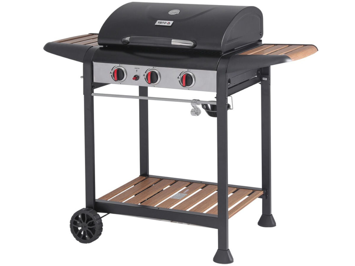 Grill gazowy YATO YG-20009 9 KW 60 x 42 cm, wygoda, palniki, jednoczesne, miłośnicy, na białym tle grill stoi pionowo frontem prawo skos