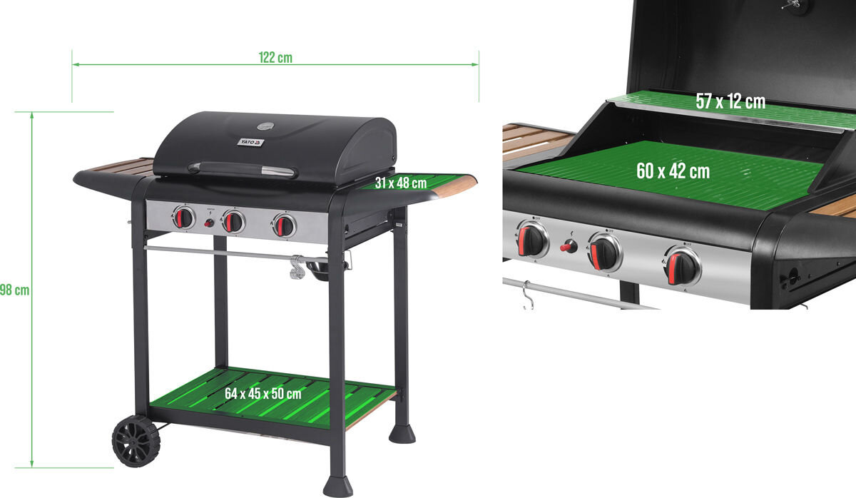 Grill gazowy YATO YG-20009 9 KW 60 x 42 cm, pokrywa, system, wygoda, nagrzewanie, na białym tle grill z podaniem wymiarów