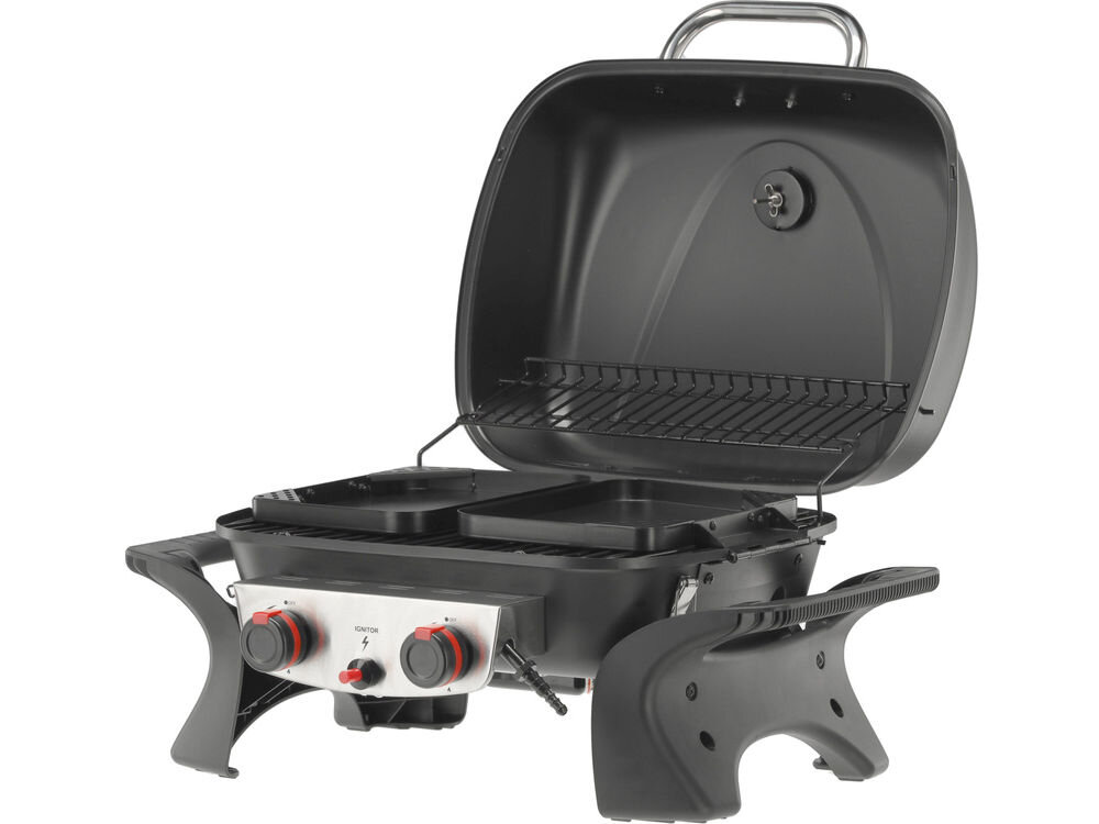 Grill gazowy YATO YG-20005 Yake Czarny 5 kW 47 x 37 cm, wymiary, miejsce, kratka, ciepło, na białym tle grill frontem lewo skos z otwartą górną klapą