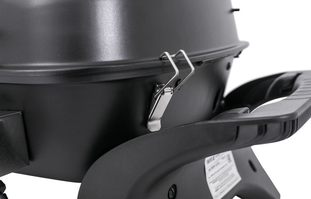 Grill gazowy YATO YG-20005 Yake Czarny 5 kW 47 x 37 cm, ergonomiczne, waga, wymiary, uchwyty, na białym tle zbliżenie na uchwyty i zaciski grilla