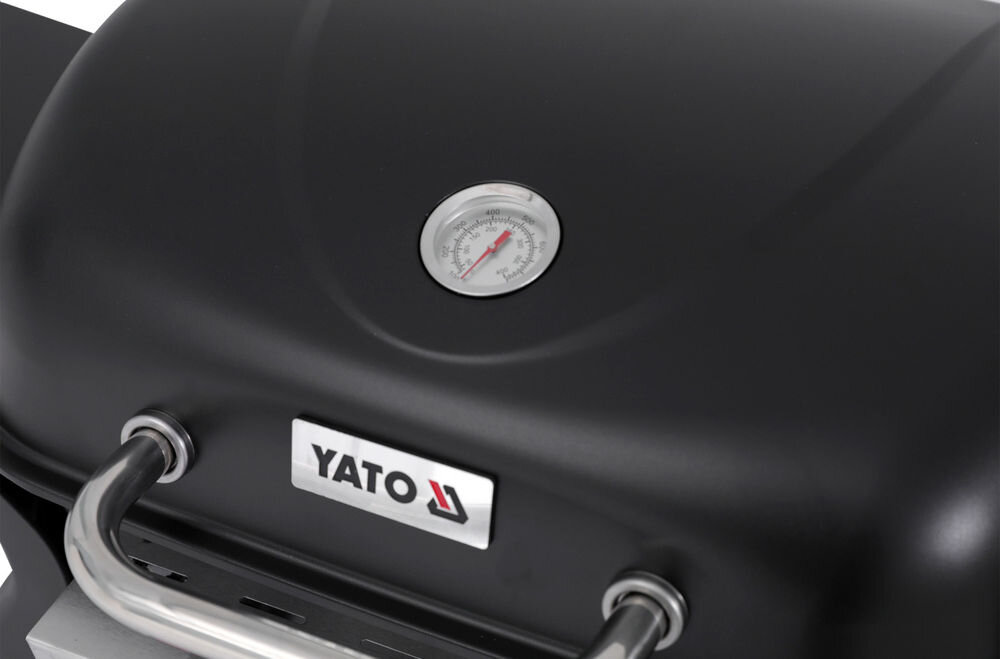 Grill gazowy YATO YG-20005 Yake Czarny 5 kW 47 x 37 cm, termometr, Temperatura, wypieczenie, grill, zbliżenie na termometr grilla na górnej klapie