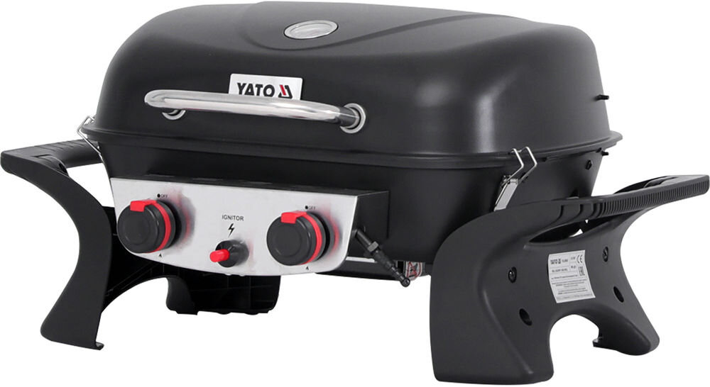 Grill gazowy YATO YG-20005 Yake Czarny 5 kW 47 x 37 cm, ociekowy, pojemnik, tłuszcz, przypaleń, na białym tle grill frontem prawo skos