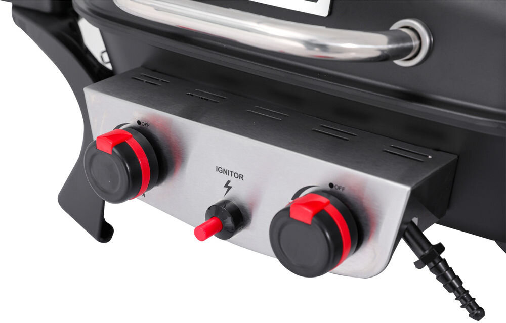 Grill gazowy YATO YG-20005 Yake Czarny 5 kW 47 x 37 cm, ruszt, wysokość, pozycja, wygoda, na białym tle zbliżenie na regulatory ognia grilla