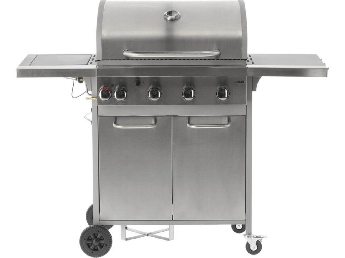 Grill gazowy LUND 99655, wielofunkcyjne, palniki, nierdzewne, nagrzewanie, na białym tle grill frontem na wprost