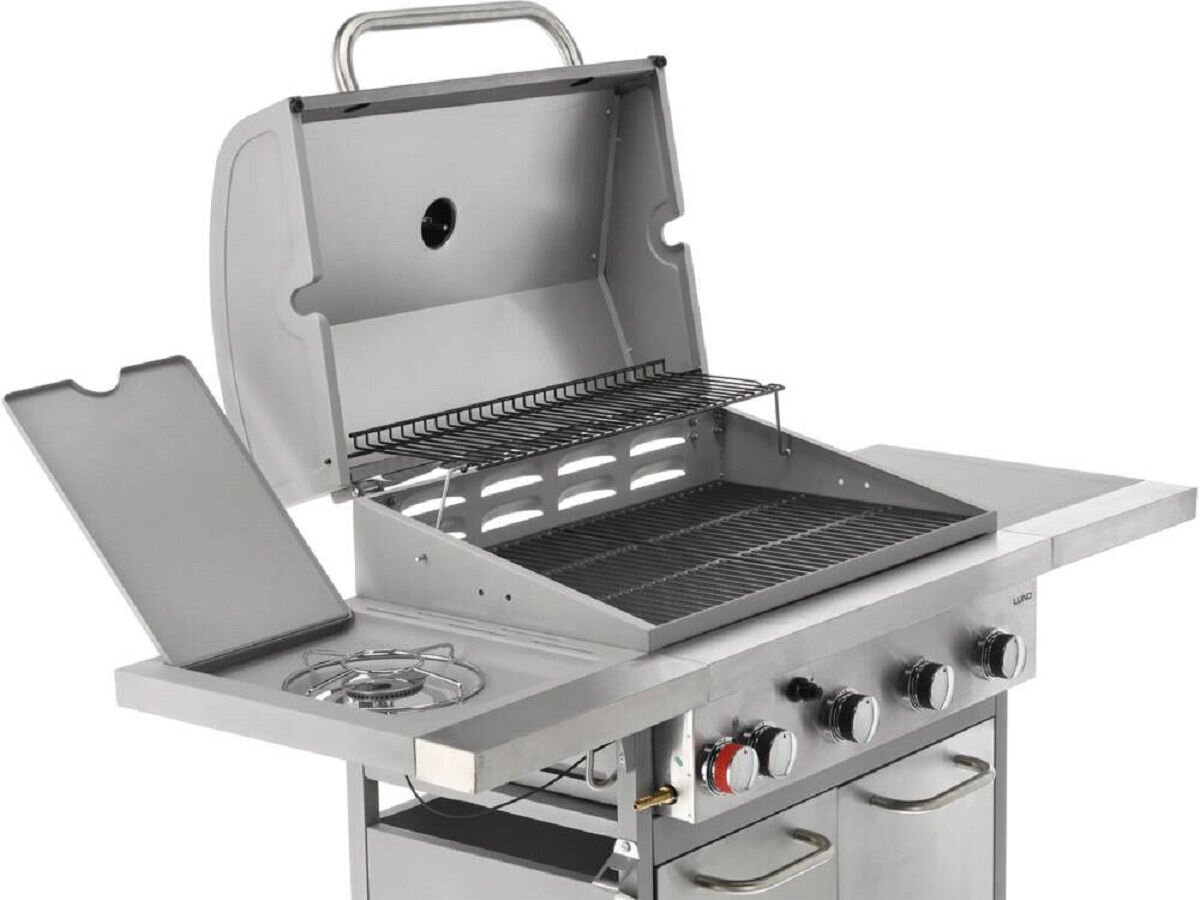 Grill gazowy LUND 99655, grubość, ruszt, waga, ciepło, wymiary,na białym tle otwarta górna częśc grilla pokazująca ruszt grilla frontem lewo skos