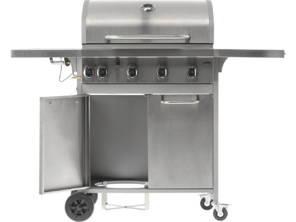 Grill gazowy LUND 99655, szafka, dolna, butla, gaz, na białym tle grill frontem na wprost z otwartymi jednymi drzwiczkami dolnymi szafy
