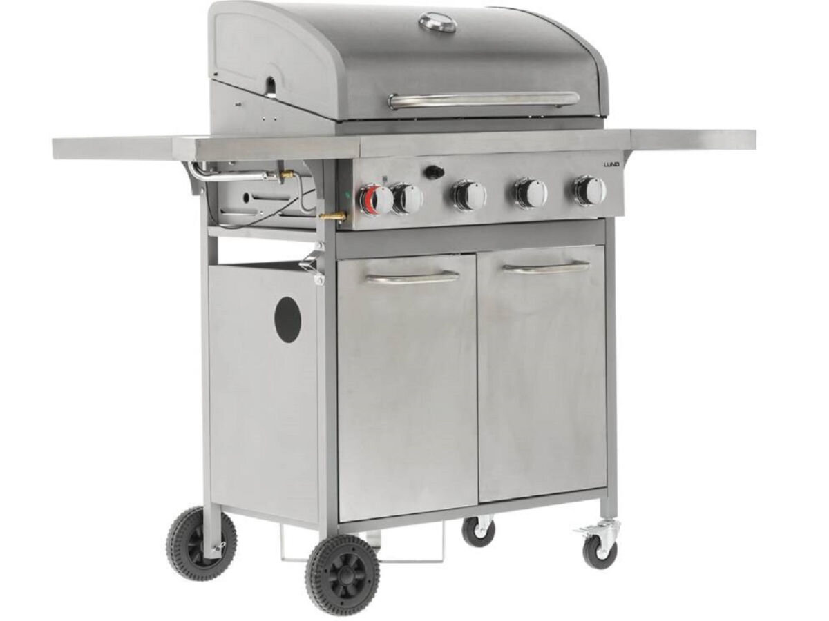 Grill gazowy LUND 99655, kpomponenty, pokrywa, stal, ocynkowane, chromowane, na białym tle grill frontem lewo skos