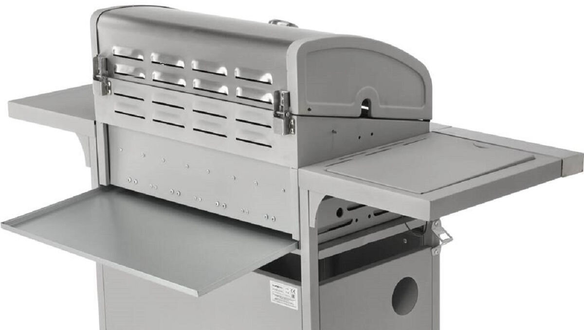 Grill gazowy LUND 99655, ociekowa, płyta, palniki, iskrownik, na białym tle grill od tyłu pokazujący płyte ociekową