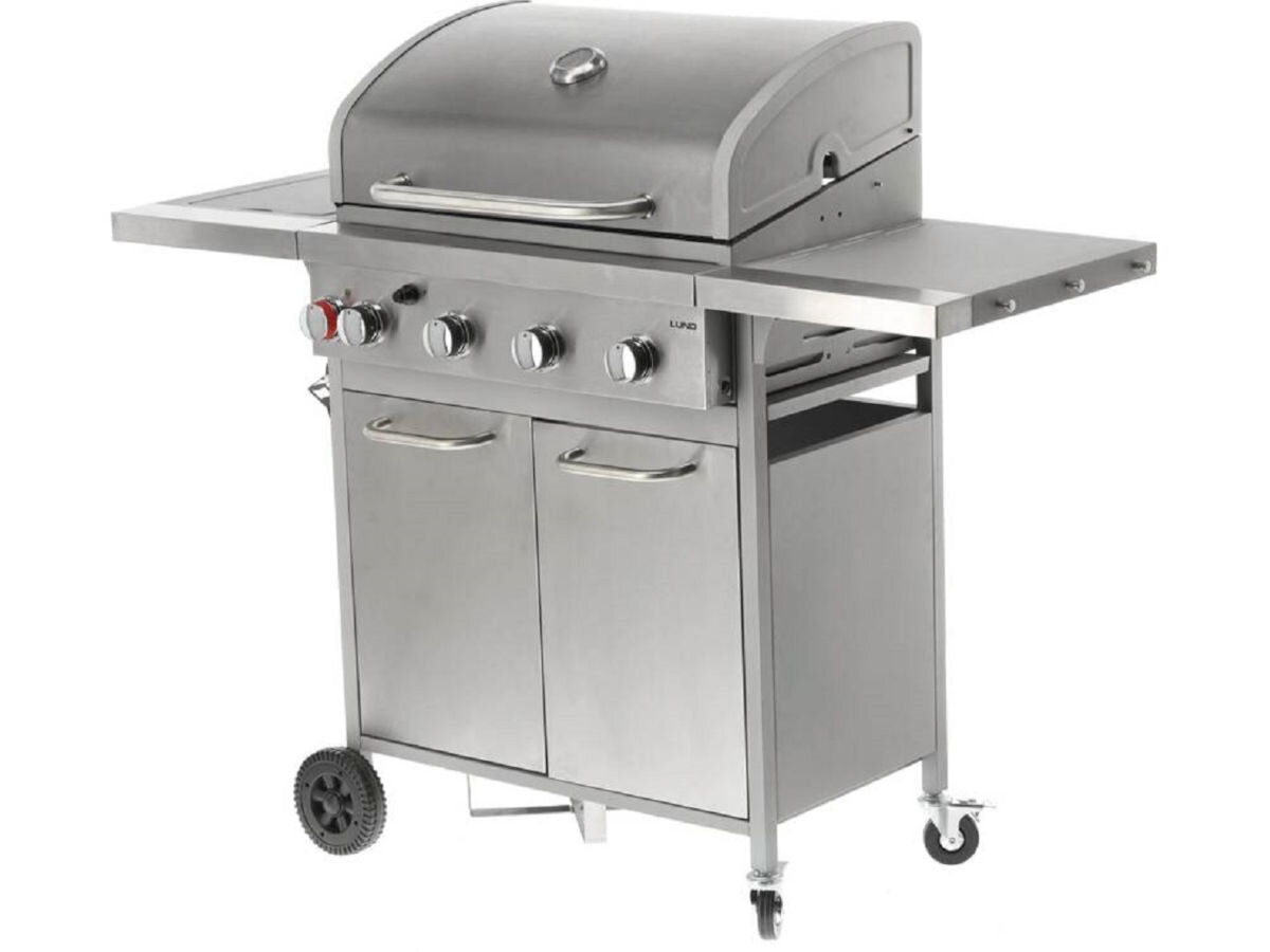 Grill gazowy LUND 99655, kółka, obrotowe, przemieszczanie, transport, na białym tle grill frontem prawo skos