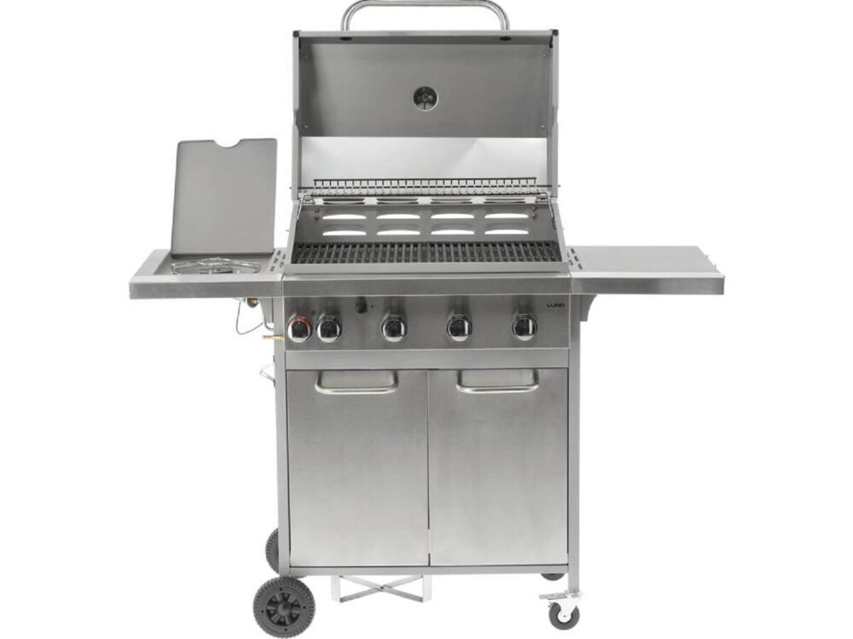 Grill gazowy LUND 99655, SPCC, przestrzeń, robocza, haczyki, na białym tle grill frontem na wprost z otwartymi pokrywami