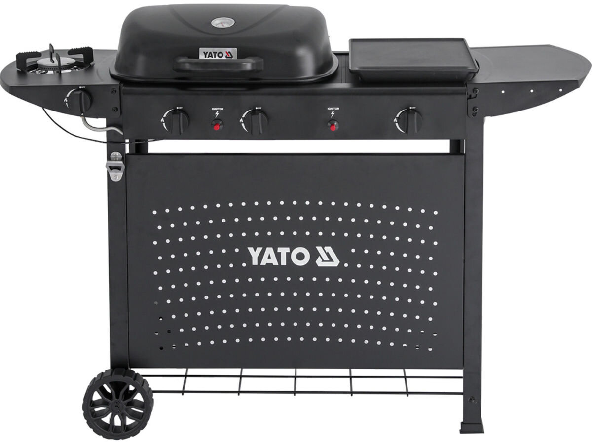 Grill gazowy YATO YG-20008 11 kW 48 x 37 cm, ruszt, plancha, palnik, grillowanie, na białym tle grill stoi frontem na wprost