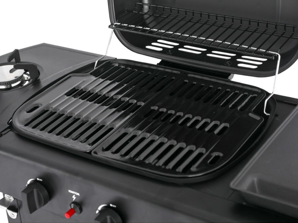 Grill gazowy YATO YG-20008 11 kW 48 x 37 cm, ruszt, plancha, porcelana, emalia, na białym tle zbliżenie na główny ruszt grilla