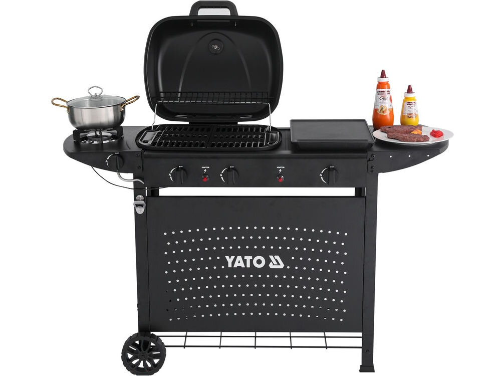 Grill gazowy YATO YG-20008 11 kW 48 x 37 cm, wysokość, obsługa, haczyki, półka, na białym tle grill z rozłożonymi półkami i odkrytą pokrywą grilla, stoi frontem na wprost