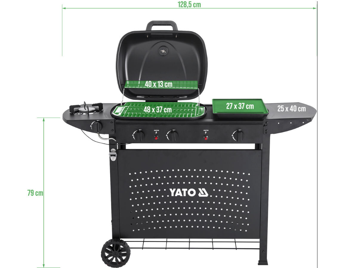 Grill gazowy YATO YG-20008 11 kW 48 x 37 cm, propozycja, miłośnicy, Wszechstronność, Trwałość, na białym tle grill stoi frontem na wprost w pełni rozstawiony, w tle wizualizacja wymiarów grilla
