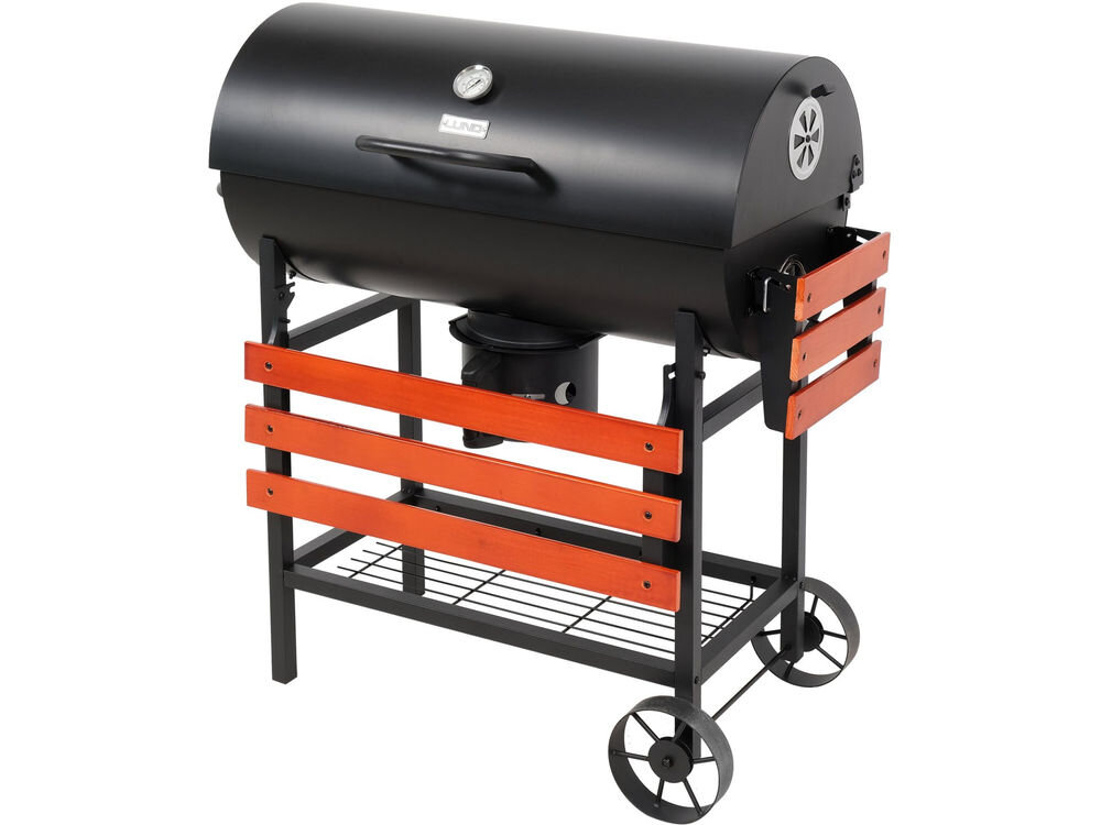 Grill węglowy LUND 99908 71 x 34.5 cm, wymiary, wygoda, ogród, konstrukcja, na białym tle grill frontem prawo skos