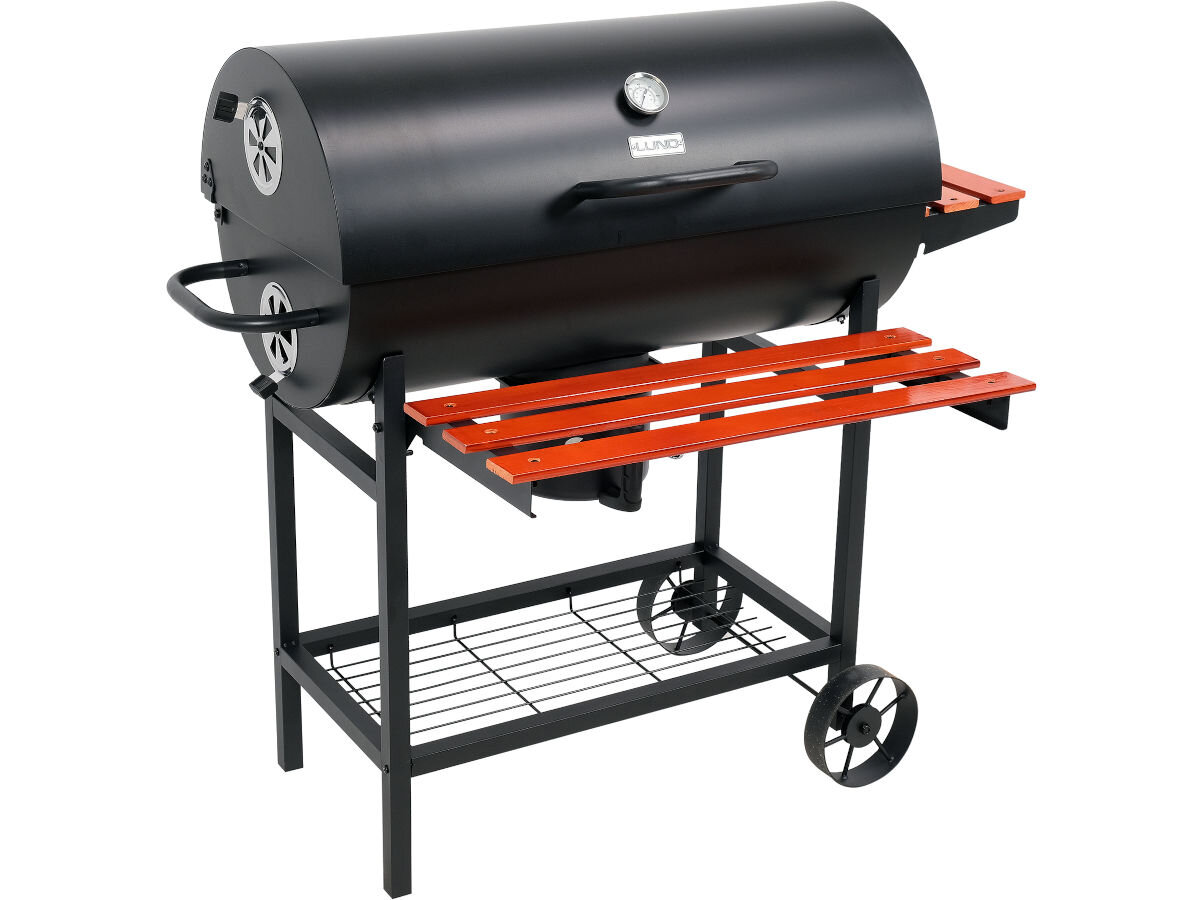 Grill węglowy LUND 99908 71 x 34.5 cm, pokrywa, emalia, Zintegrowany, termometr, na białym tle grill frontem lewo skos