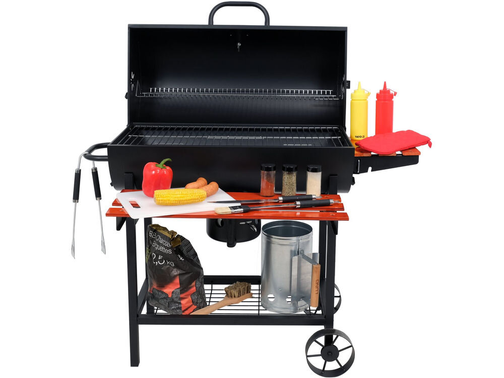 Grill węglowy LUND 99908 71 x 34.5 cm, półki, ułatwienie, dolna, przechowywanie, na białym tle w pełni rozłożony i przygotowany grill do działania frontem na wprost