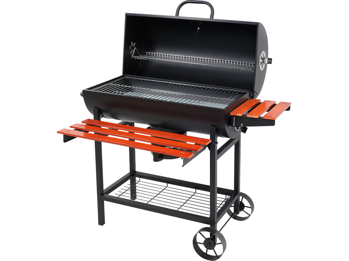 Grill węglowy LUND 99908 71 x 34.5 cm, osłona, przeciwwiatrowa, komponenty, odporne, waga, na białym tle grill z otwartą pokrywą frontem prawo skos