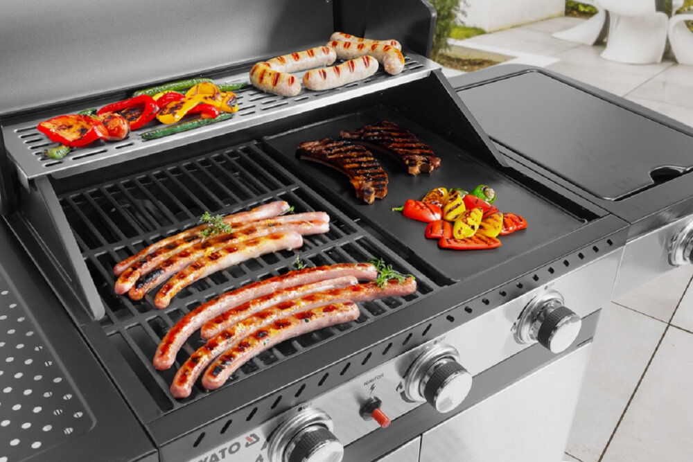 Grill gazowy YATO YG-20018 dwa ruszty z zeliwa wymiary 60 x 42 cm kratka ze stali nierdzewnej 57 x 12 cm do podgrzewania potraw