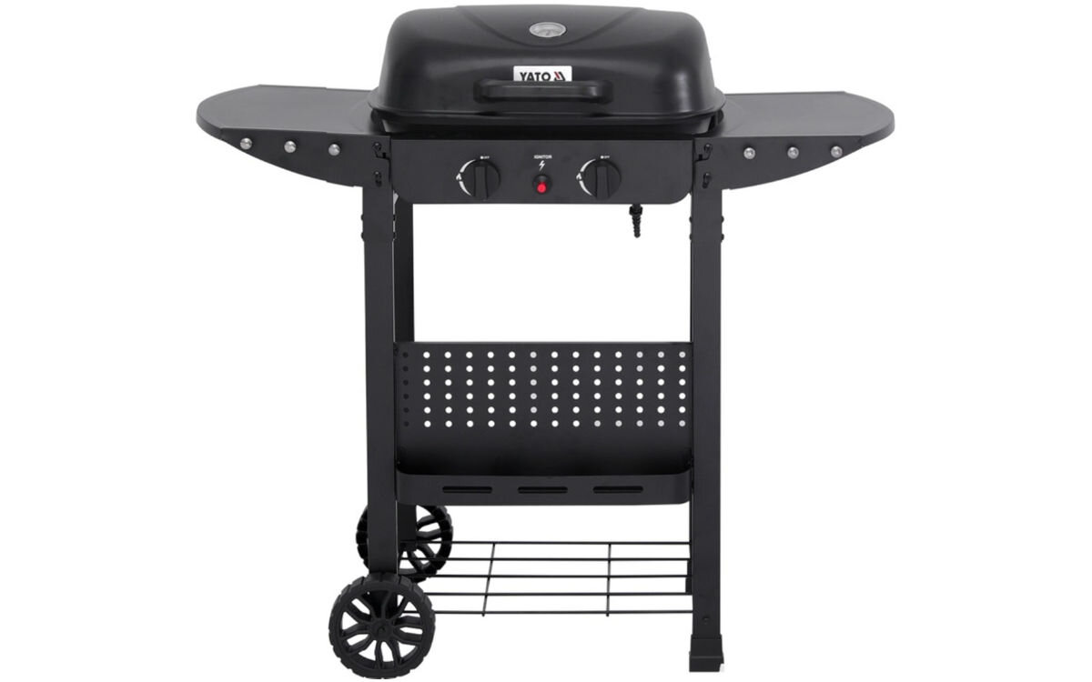 Grill gazowy YATO YG-20007 5 kW 47 x 37 cm, palniki, rodzina, znajomi, przyrządzanie, gotowanie, na białym tle grill stoi frontem na wprost