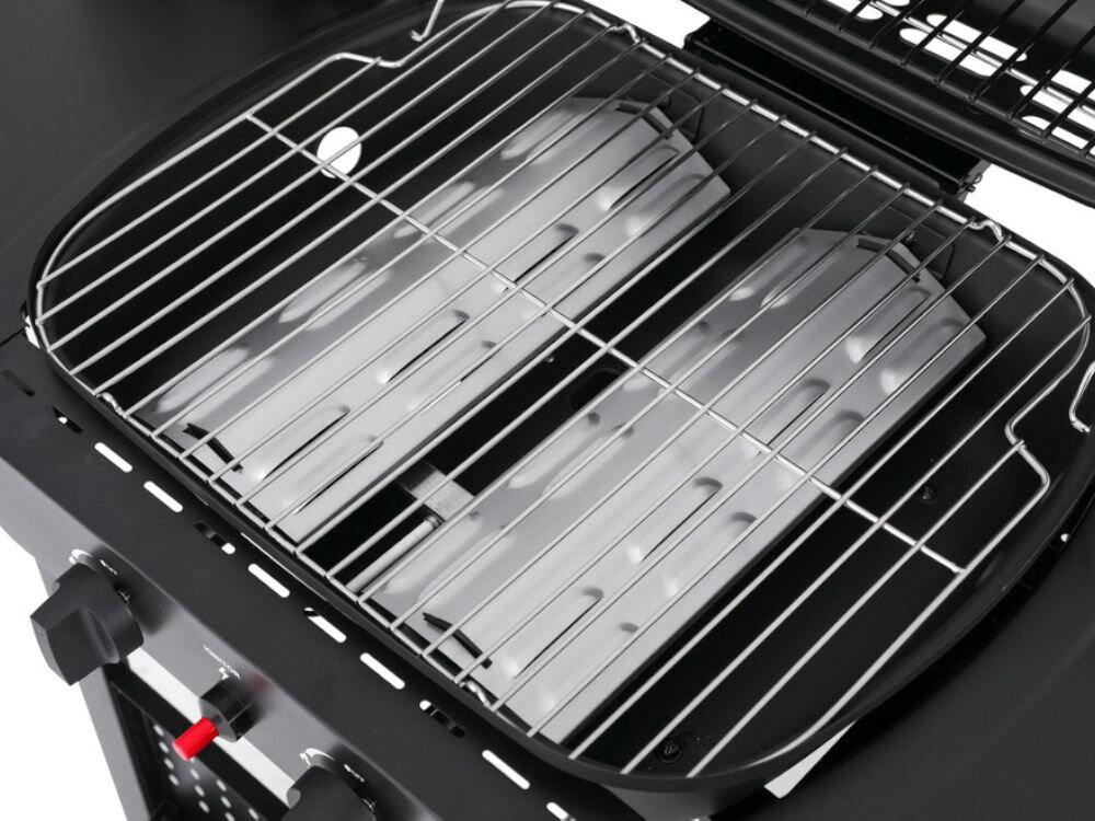 Grill gazowy YATO YG-20007 5 kW 47 x 37 cm, emaliowana, stal, odporność, temperatura, na białym tle zbliżenie na główny ruszt grilla i kratki