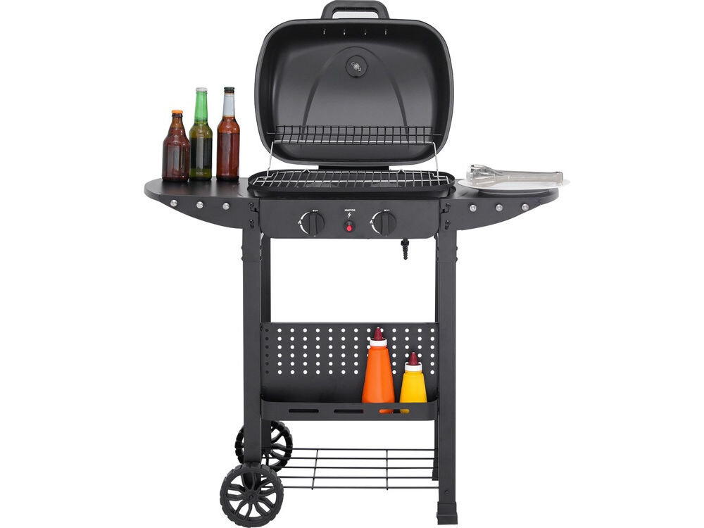 Grill gazowy YATO YG-20007 5 kW 47 x 37 cm, półki, haczyki, akcesoria, schowek, na białym tle grill stoi frontem na wprost z otwartą pokrywą i rozłożonymi półkami
