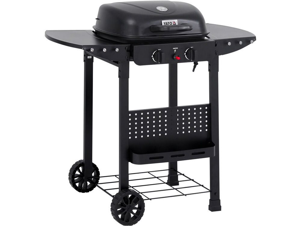Grill gazowy YATO YG-20007 5 kW 47 x 37 cm, wymiary, robocza, komfort, dostosowanie, na białym tle grill stoi pionowo frontem lewo skos