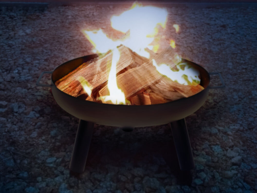 Palenisko ogrodowe LUND 99707 (61 cm), ciepło, ogień, komfort, ogród, w tle noc, w palenisku pali się drewno