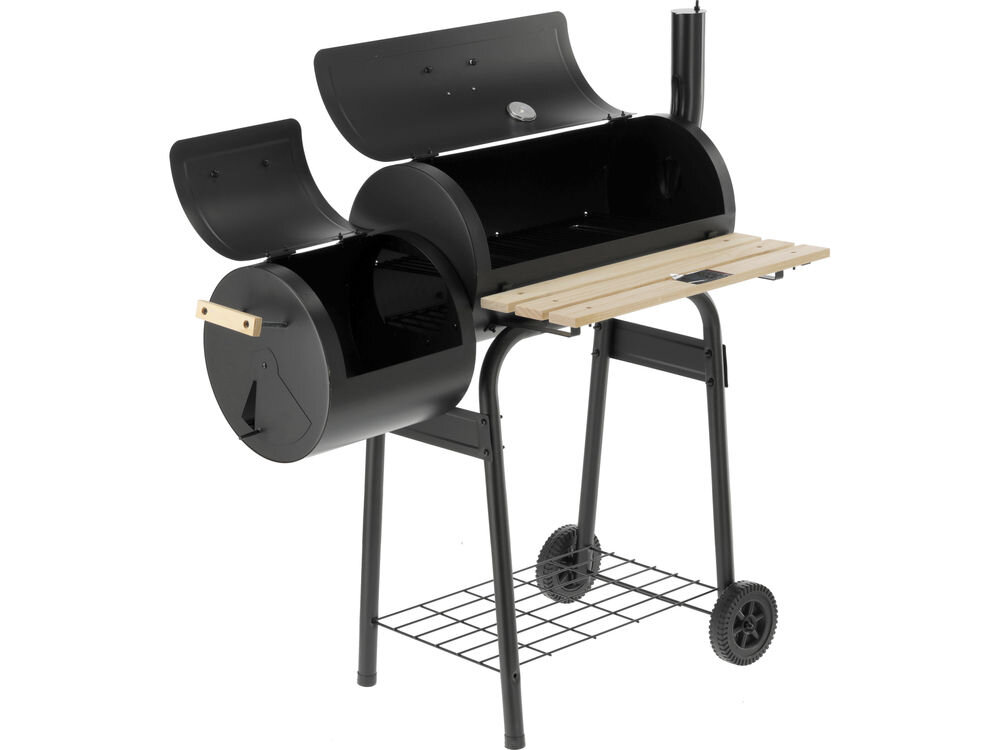 Grill węglowy LUND 99901 60 x 30 cm, wędzenie, grillowanie, komora, palenisko, na białym tle grill z otwartymi komorami frontem lewo skos