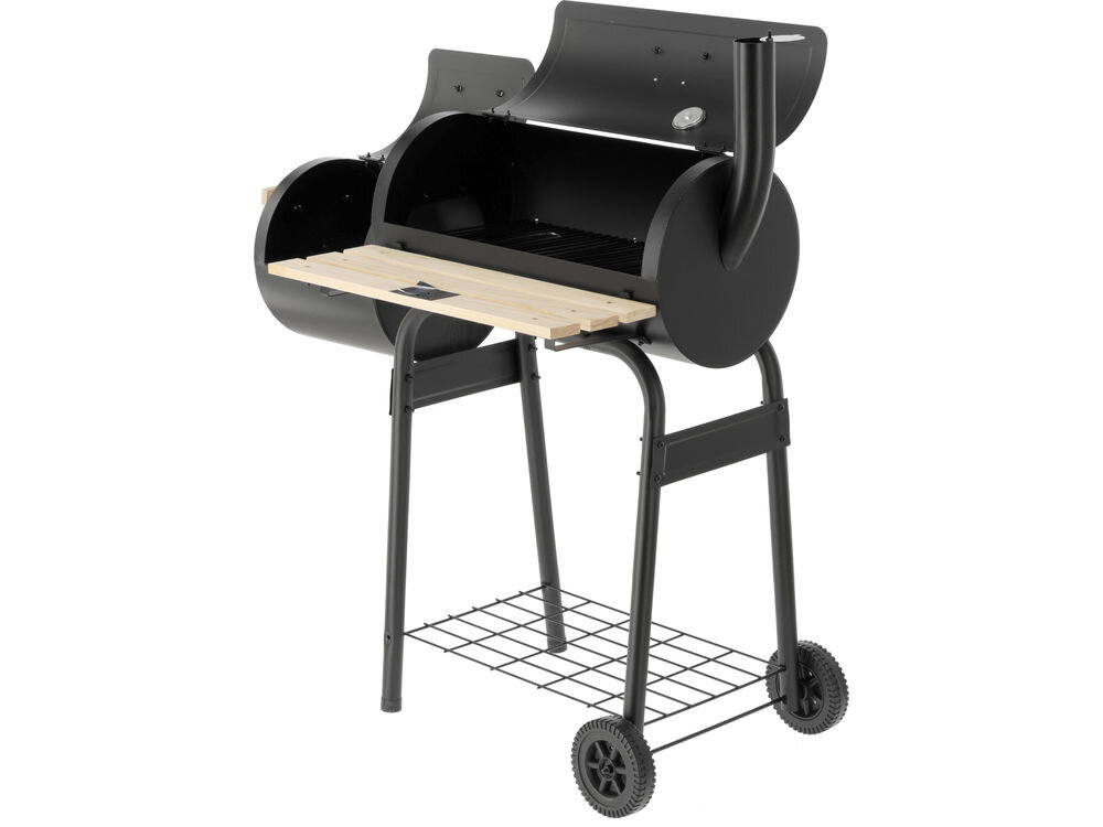 Grill węglowy LUND 99901 60 x 30 cm, normy, pręty, misa, wymiary, na białym tle grill z otwartmi pokrywami frontem prawo skos