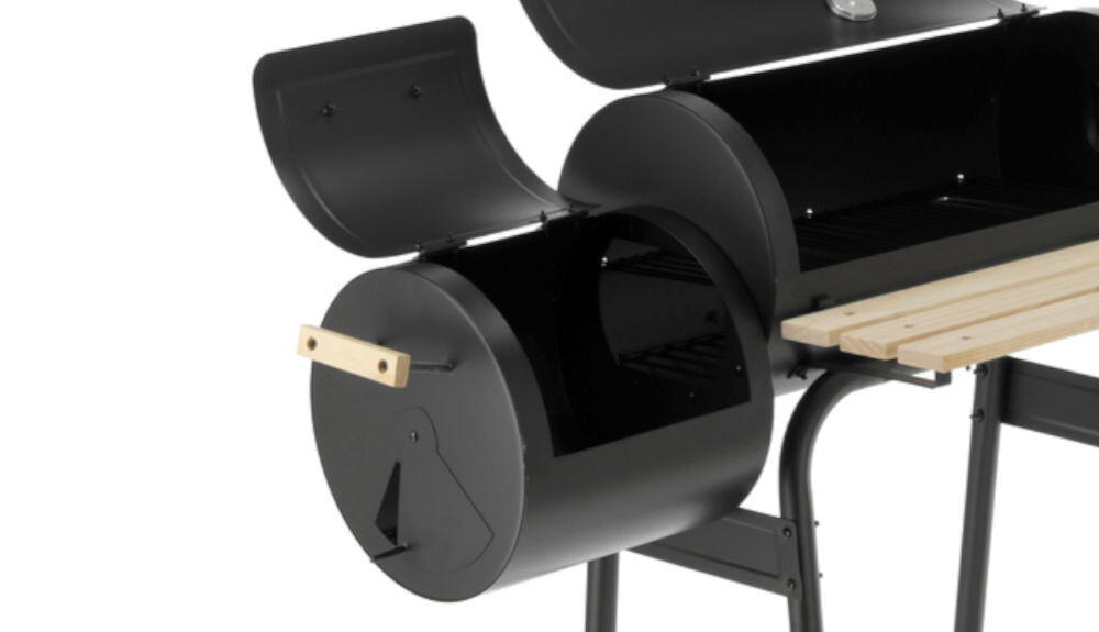 Grill węglowy LUND 99901 60 x 30 cm, kontrola, poziom, termometr. pokrywy, na białym tle zbliżenie na komore wędzenia