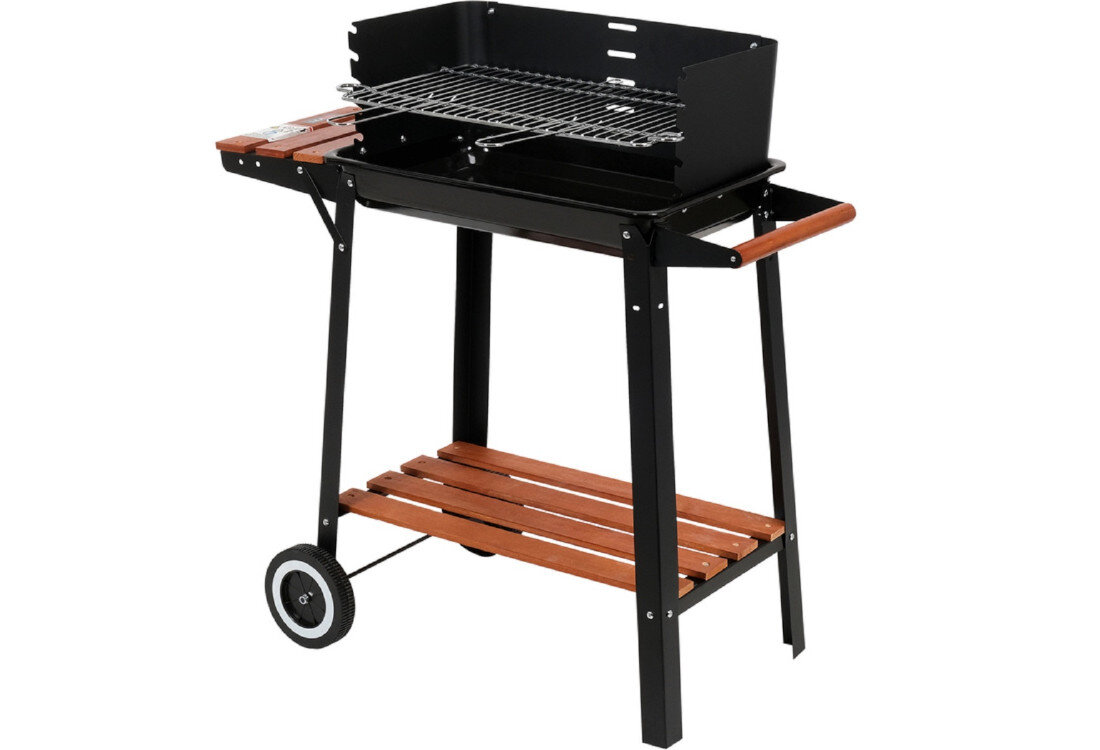Grill węglowy LUND 99907 48 x 26 cm Wygoda użytkowania Drewniane półki Wbudowane kółka transportowe drewniany uchwyt boczny stabilne metalowe nóżki