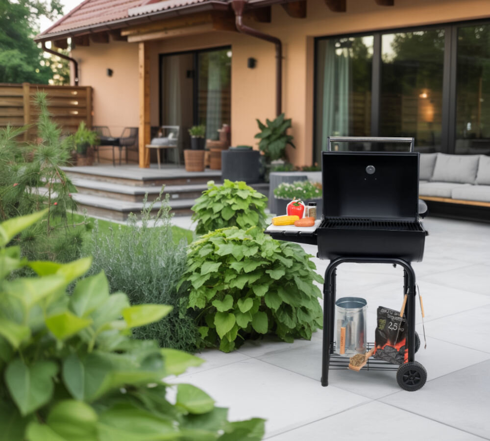 Grill węglowy LUND 99902 47 x 34 cm, grillowanie, gotowanie, smażenie, duszenie, grill stoi na tarasie w ogrodzie