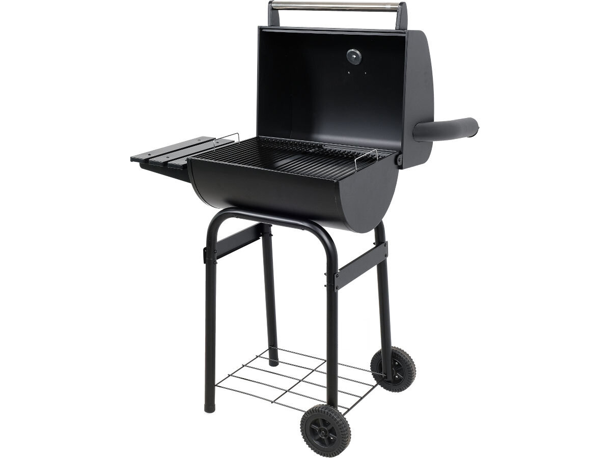 Grill węglowy LUND 99902 47 x 34 cm, akcesoria, nóżki, stabilność, transportowanie, na białym tle grill z otwartą pokrywą frontem prawo skos