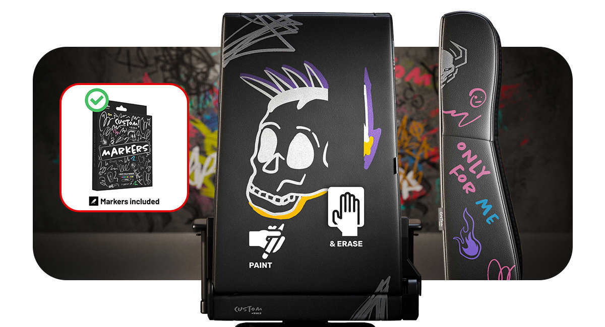 DIABLO CHAIRS X-Custom Czarny malując zmazywalnymi markerami tyle i bokach oparcia mechanizm regulacji Tilttech™ Frog podłokietniki 3D - tyl fotela do rysowania