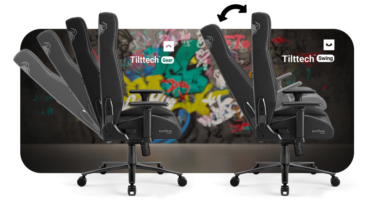 DIABLO CHAIRS X-Custom Czarny Tilttech™ Frog Tilttech™ Lift wysokość siedziska Tilttech™ Swing Tilttech™ Gear 160° - fotel od boku, regulacja oparcia