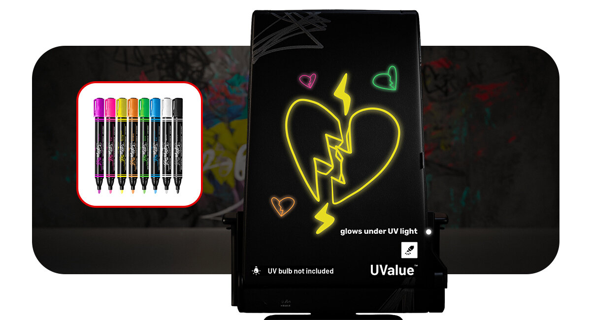 DIABLO CHAIRS X-Custom Czarny markery w 8 kolorów miękką ściereczkę z mikrofibry 5 neonowych świetle UV UValue™ tylnej częsci X-Custom czarny, różowy UV, niebieski UV, zielony UV, pomarańczowy UV, fioletowy, żółty UV i biały - makrkery UV