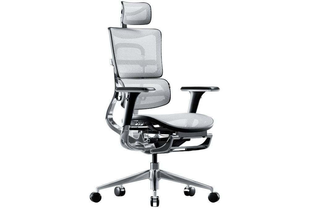 Fotel DIABLO CHAIRS V-Master Biało-czarny prezentacja fotela od przodu pod kątem na białym tle ergonomiczny komfort regulacje wsparcie postawy zdrowe nawyki