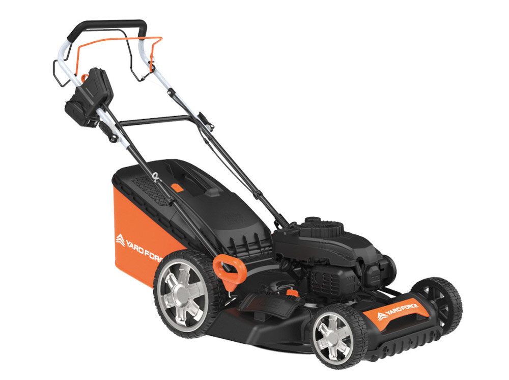 Kosiarka spalinowa YARD FORCE YF-GMA53E Zongshen z napędem 530mm 2.7kW satysfakcjonujaca moc 2,7 kW maksymalny moment obrotowy bez obciazenia 9 Nm elektryczny rozrusznik akumulator seria CR 20 V latwosc uruchomienia ladowarka