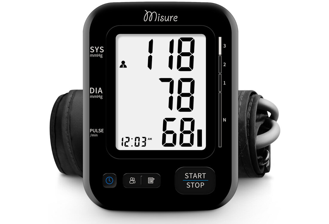 Ciśnieniomierz MISURE MI Med 4 Biało-czarny Komfortowa kontrola zdrowia Funkcja głosowa z trzema poziomami głośności Podświetlany ekran LCD o dużych cyfrach wygoda komfort
