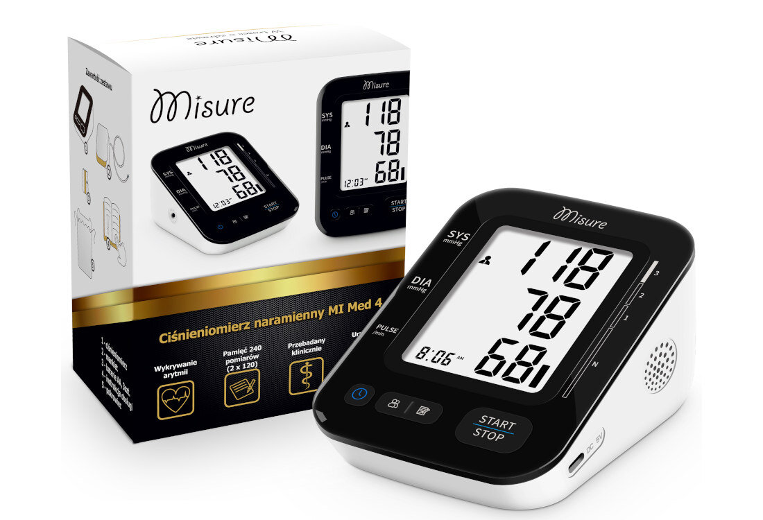 Ciśnieniomierz MISURE MI Med 4 Biało-czarny Wiarygodne dane pomiar zakres dokładość ciśnienie tętno wyniki pomiar