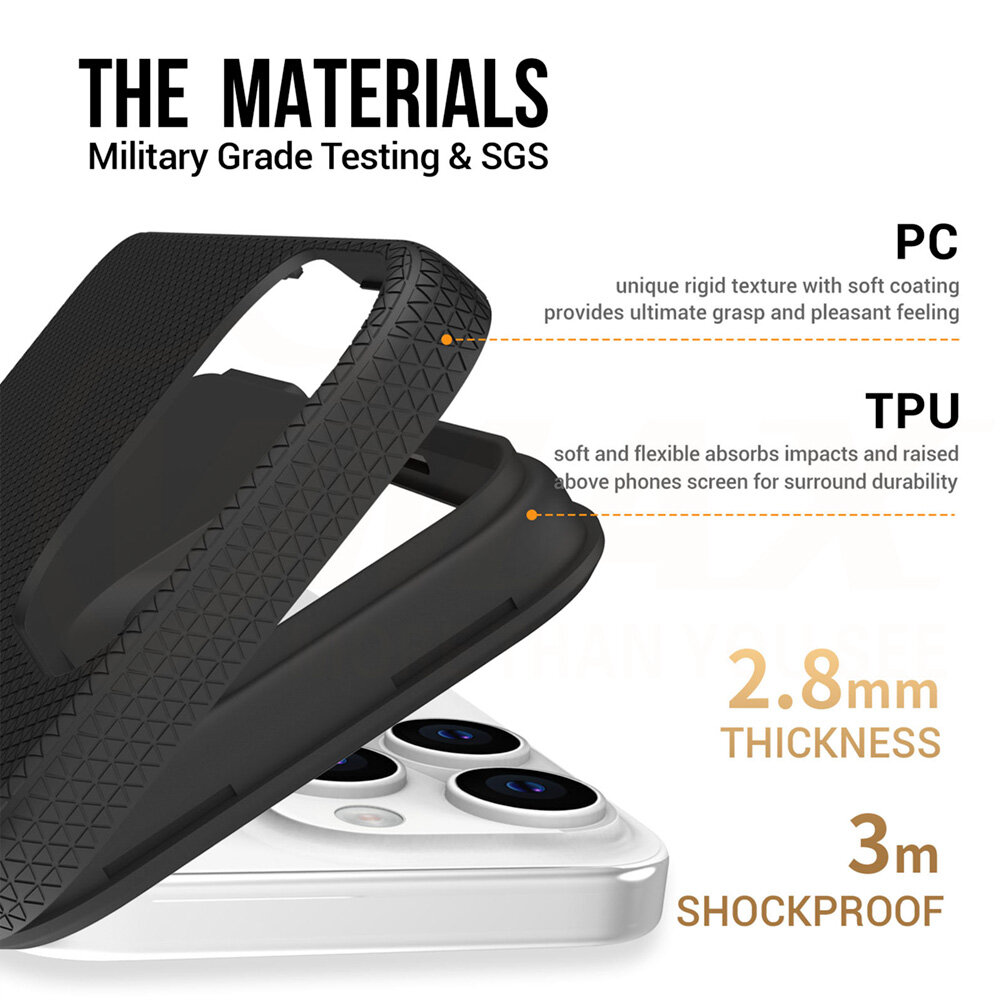 Obraz przedstawia czarną nakładkę na telefon z teksturą w trójkąty, wykonaną z materiałów PC i TPU. Widoczny jest tekst: \'THE MATERIALS Military Grade Testing & SGS\', \'PC unique rigid texture with soft coating provides ultimate grasp and pleasant feeling\', \'TPU soft and flexible absorbs impacts and raised above phones screen for surround durability\', \'2.8mm THICKNESS\', \'3m SHOCKPROOF\'.