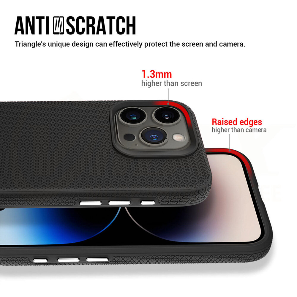 Czarna nakładka na telefon z teksturą, z podniesionymi krawędziami chroniącymi ekran i aparat. Tekst na obrazie: \'ANTI SCRATCH Triangle\'s unique design can effectively protect the screen and camera. 1.3mm higher than screen Raised edges higher than camera.\'