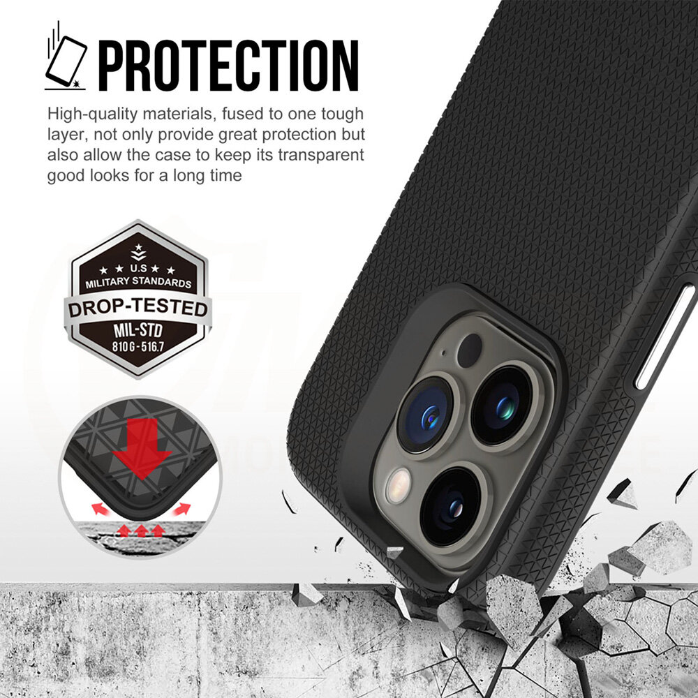 Czarna nakładka na telefon z teksturą w trójkąty, z widocznymi wycięciami na aparat. Tekst: \'PROTECTION High-quality materials, fused to one tough layer, not only provide great protection but also allow the case to keep its transparent good looks for a long time\' oraz \'U.S. MILITARY STANDARDS DROP-TESTED MIL-STD 810G-516.7\'.